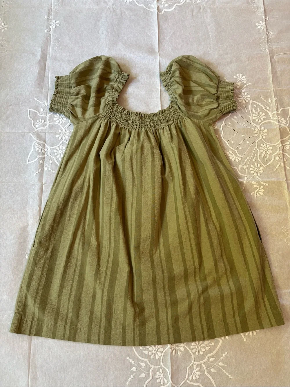 FREE PEOPLE Est Mila Mini Dress Smocked Puff Sleeve Strip Green Size Medium